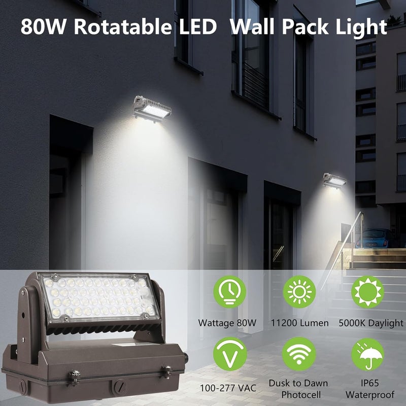ECCFUTLL Dusk to Dawn 80W Rotatable LED Wall Pack Light, 5000K 11200LM 400-600W HPS/HID Equivalent, ETL Adjustable Head Outdoor LED Wallpack Lighting Fixture for Area Light, Parking Garages,Warehouse,Entrance - Image 2
